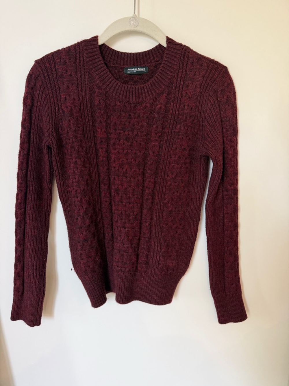 American Apparel Women's Burgundy Cable Knit Crewneck Sweater